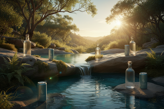 Little Hampton Spring Water premium glass bottles and aluminum cans in pristine Australian natural landscape
