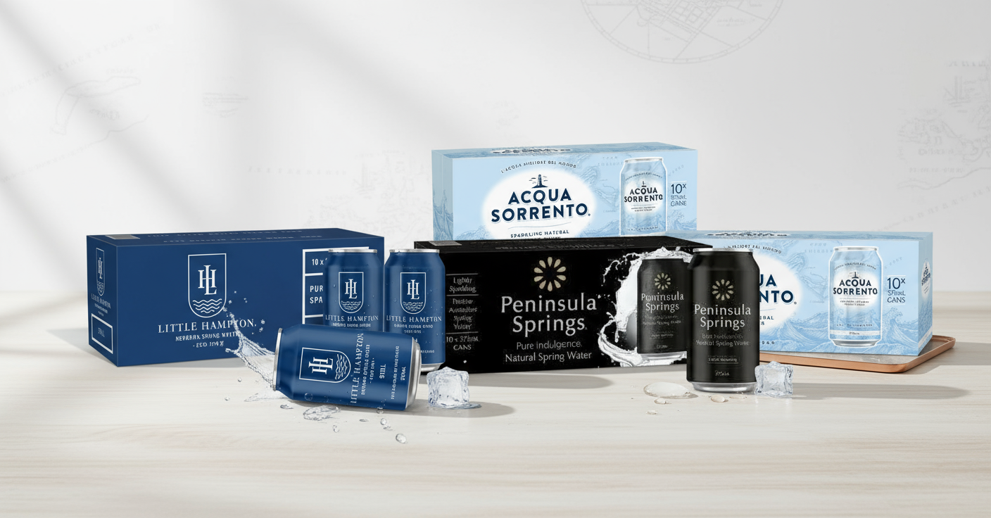 Premium Australian spring water cans collection featuring Little Hampton, Peninsula Springs, and Acqua Sorrento