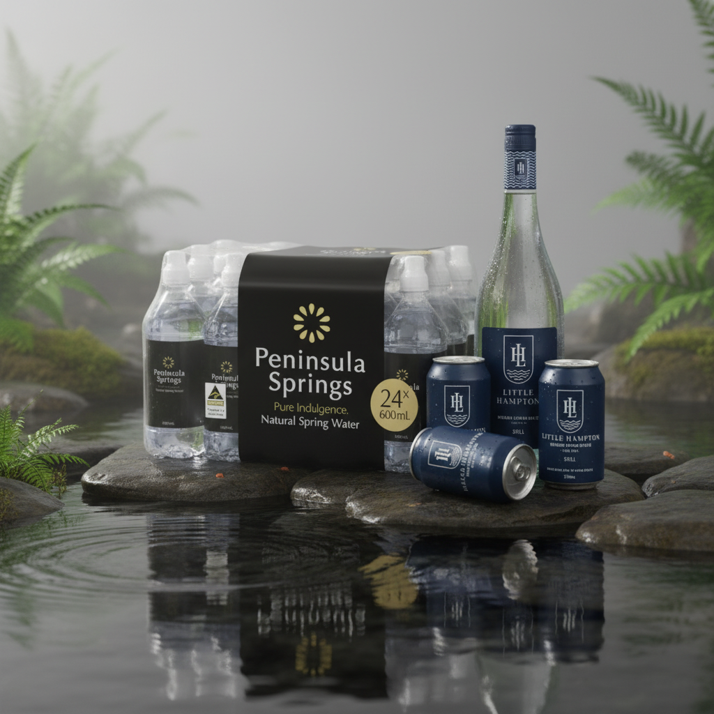 Still water collection featuring Little Hampton glass bottles and cans, Peninsula Springs pop tops