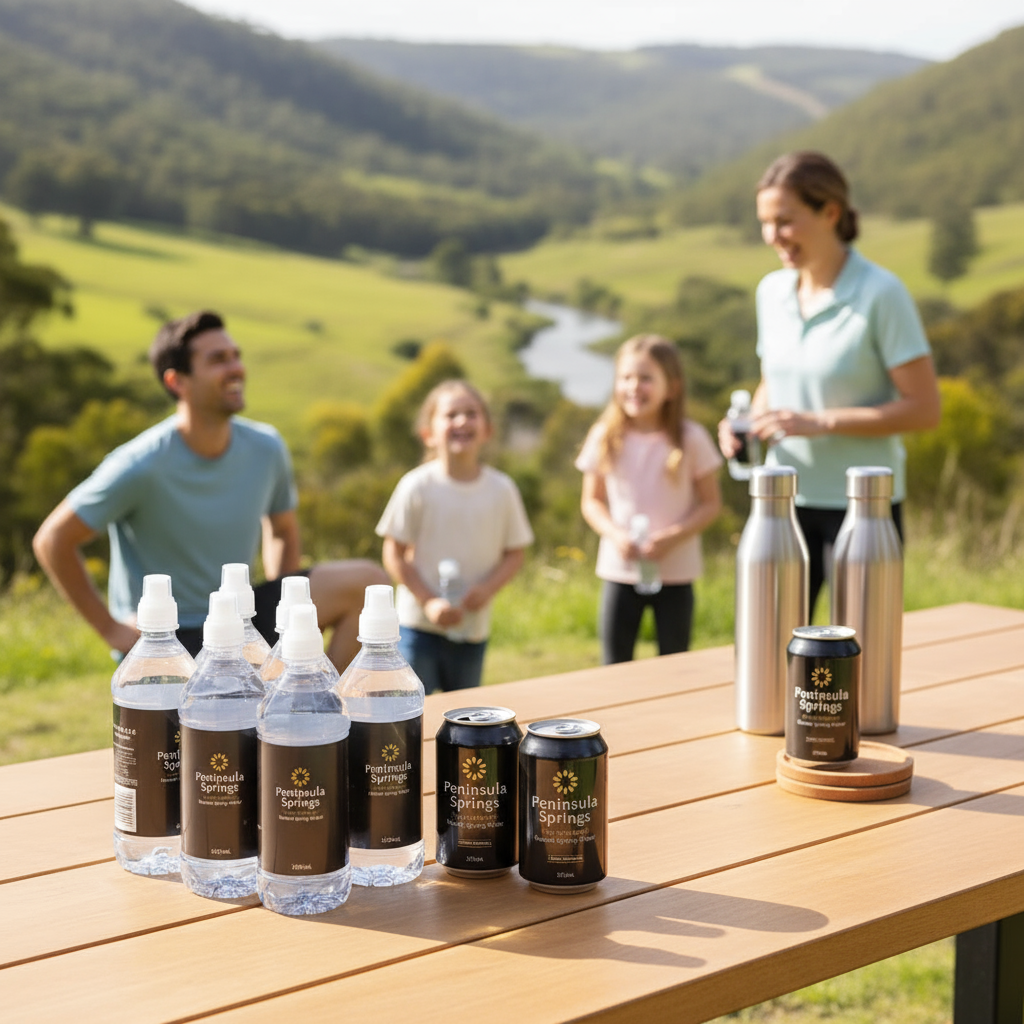 Peninsula Springs premium spring water collection - still pop tops and sparkling cans for active families