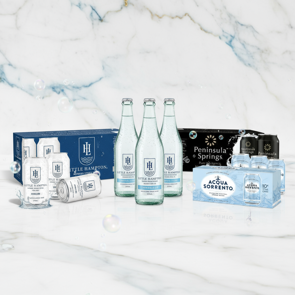 Sparkling water collection featuring three Little Hampton products with fresh lemons - premium Australian sparkling spring water bottles and cans