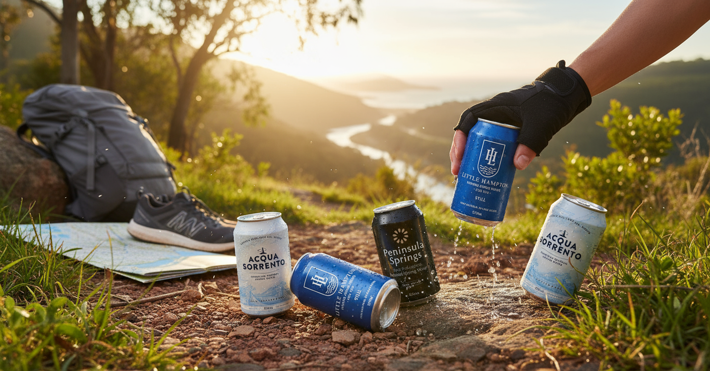 Spring water cans collection - convenient on-the-go hydration in recyclable aluminum packaging