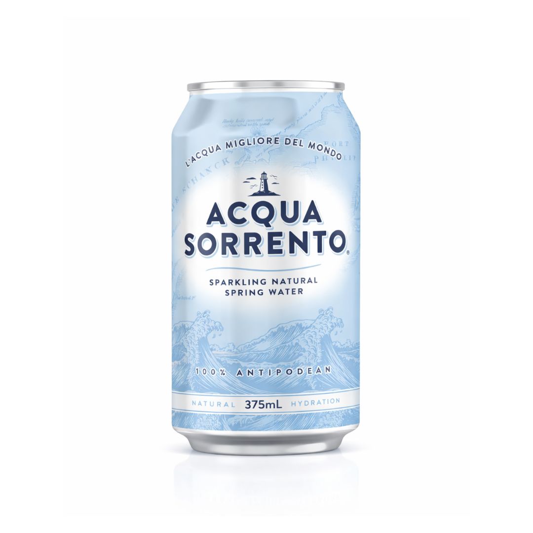 Acqua Sorrento sparkling natural spring water 375mL aluminium can on white background