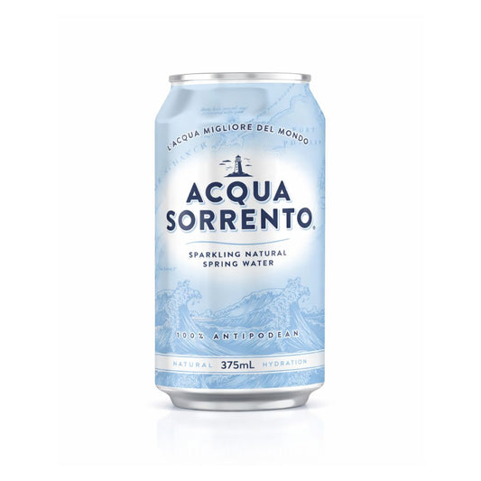 Acqua Sorrento sparkling natural spring water 375mL aluminium can on white background