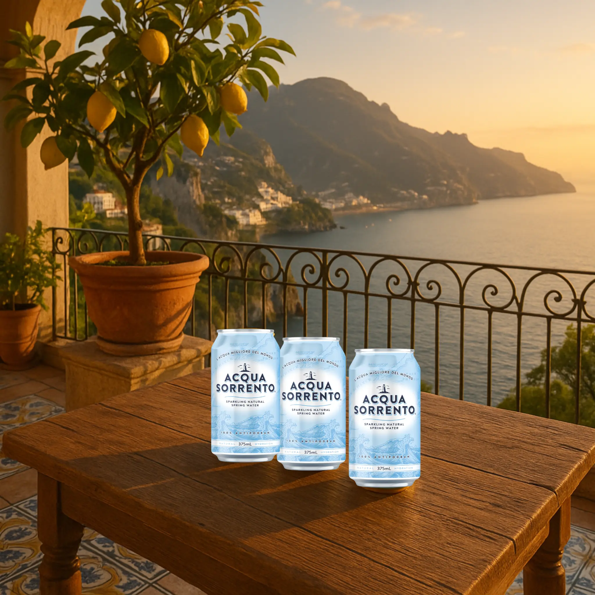 Acqua Sorrento Sparkling Water on Amalfi Coast balcony overlooking the sea