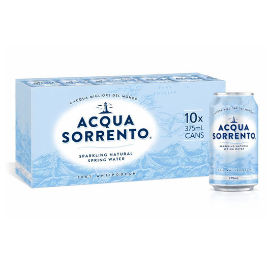Acqua Sorrento 10 pack of 375mL sparkling natural spring water cans with carton packaging