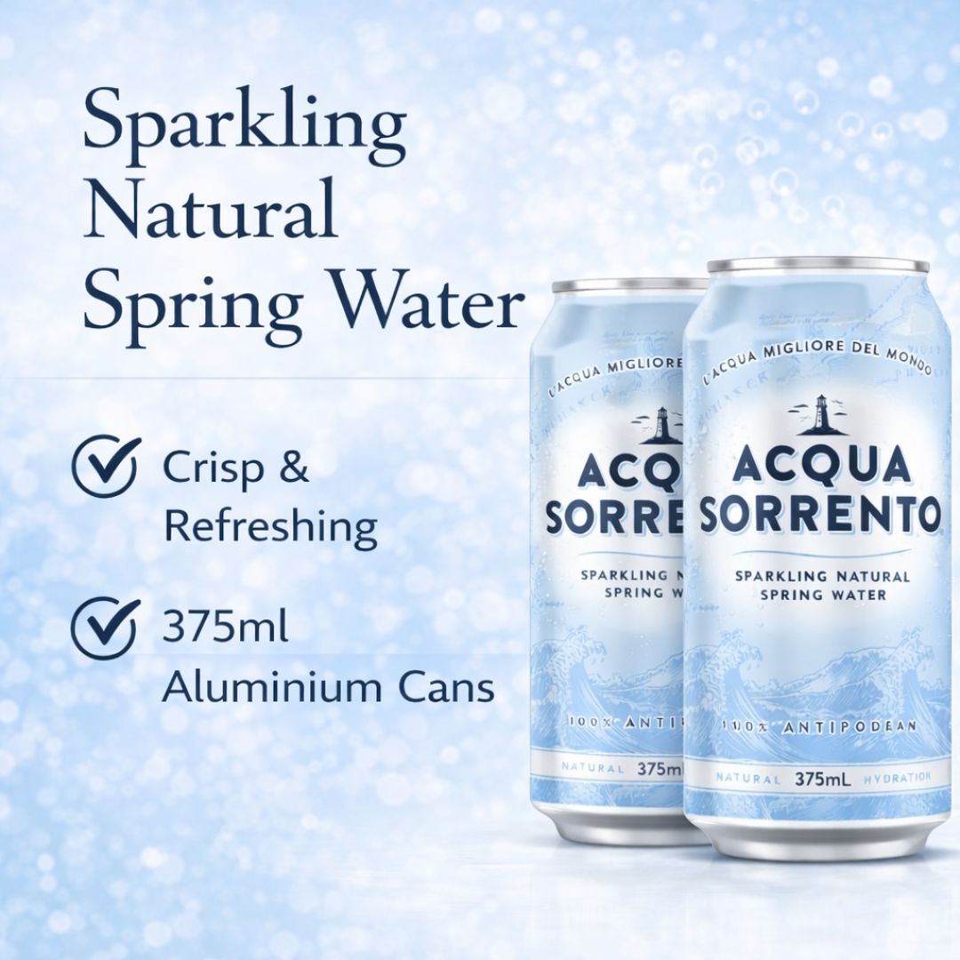 Acqua Sorrento sparkling natural spring water highlighting crisp refreshment in 375mL aluminium cans