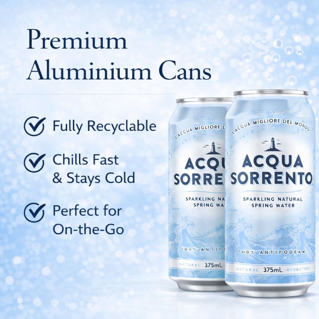 Acqua Sorrento sparkling spring water in recyclable aluminium cans for convenient everyday enjoyment