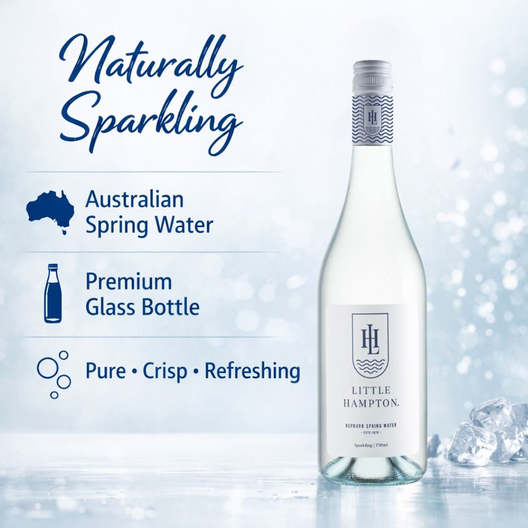 ittle Hampton sparkling spring water label highlighting Australian sourcing