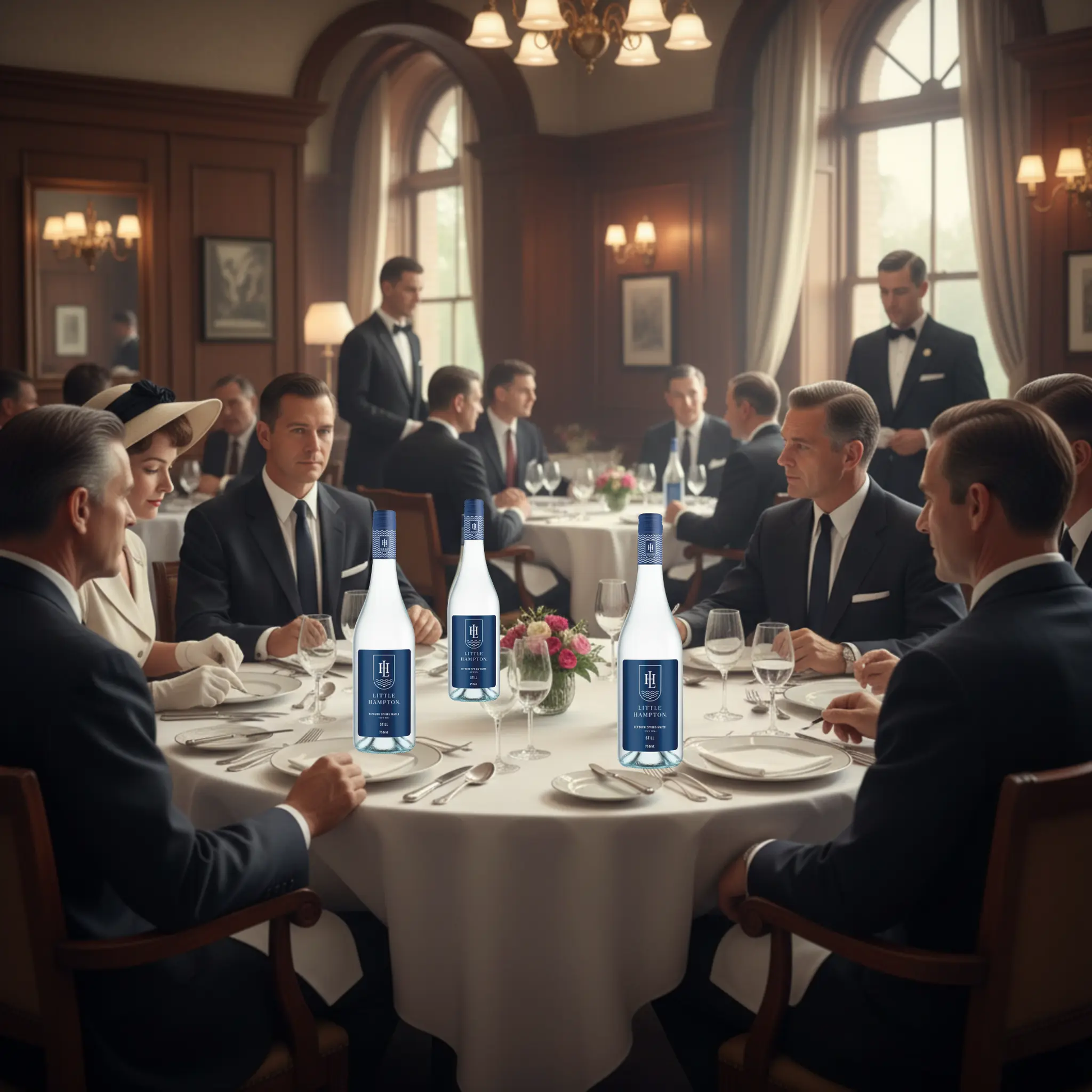 Little Hampton Still Water 750ml at sophisticated 1950s business lunch with executives