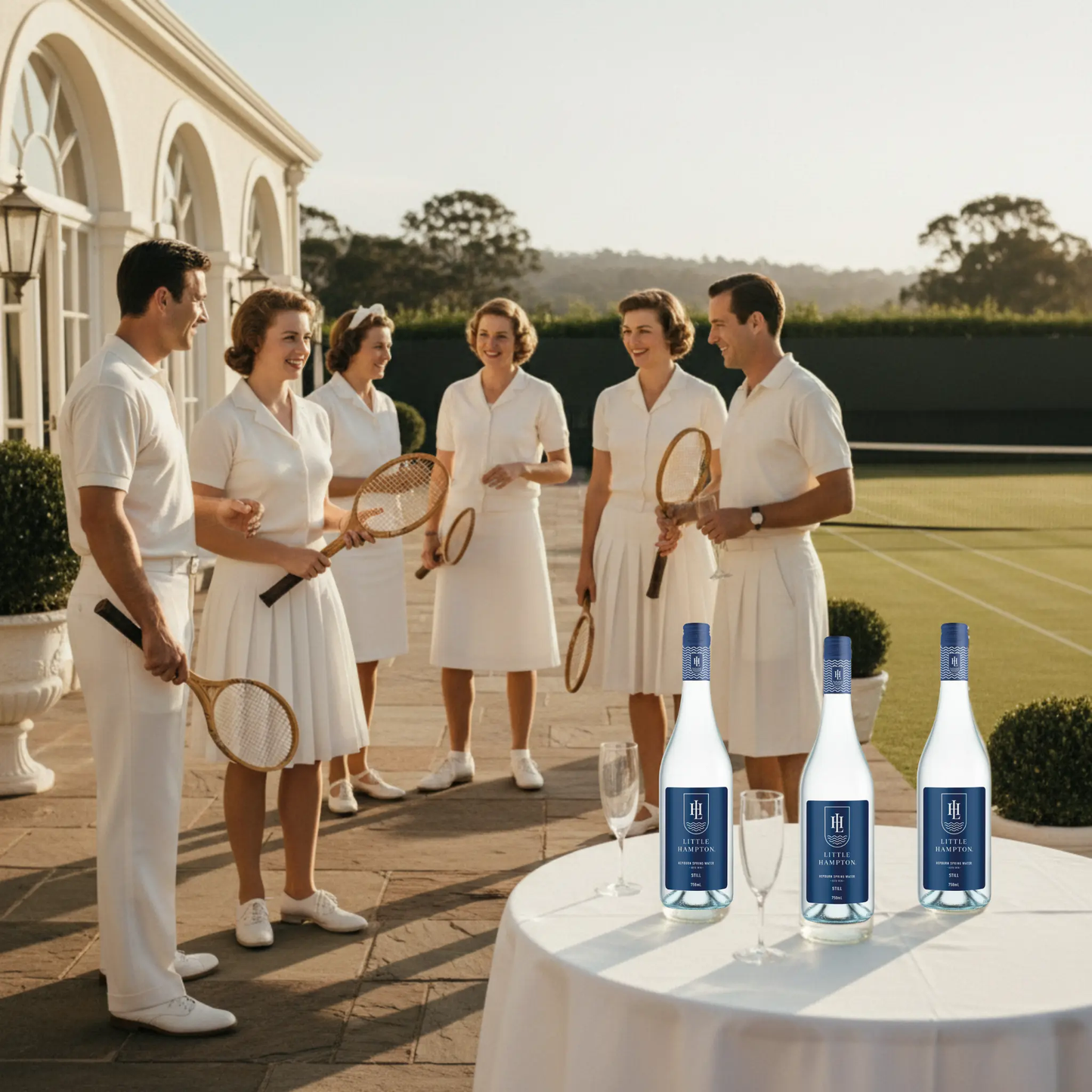 Little Hampton Still Water 750ml at exclusive vintage tennis club with well-dressed players