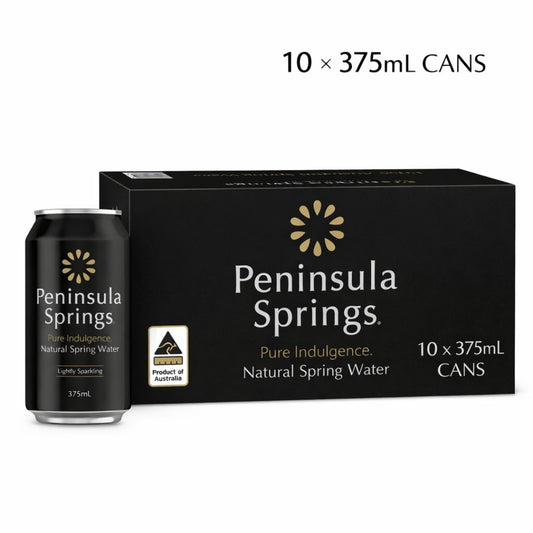 Peninsula Springs 10 pack of 375mL lightly sparkling natural spring water cans with carton packaging