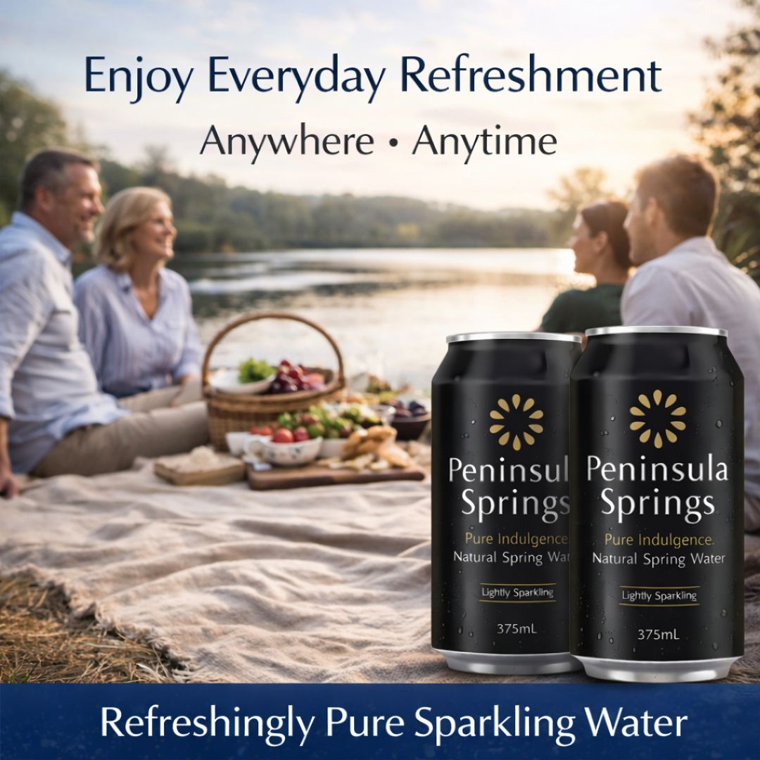 Peninsula Springs lightly sparkling spring water cans enjoyed outdoors for relaxed everyday refreshment