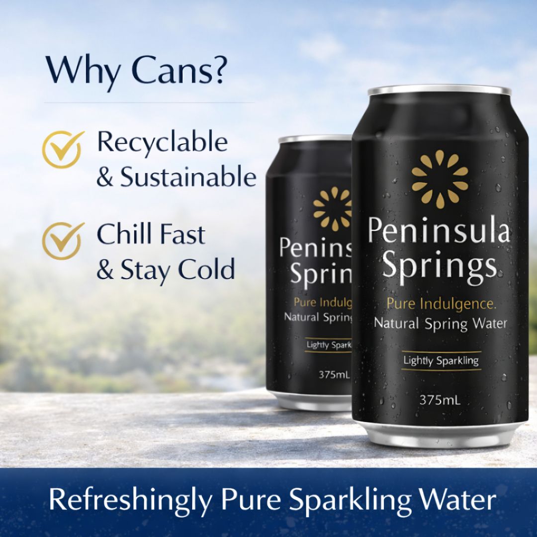 Peninsula Springs lightly sparkling spring water in recyclable aluminium cans that chill fast and stay cold
