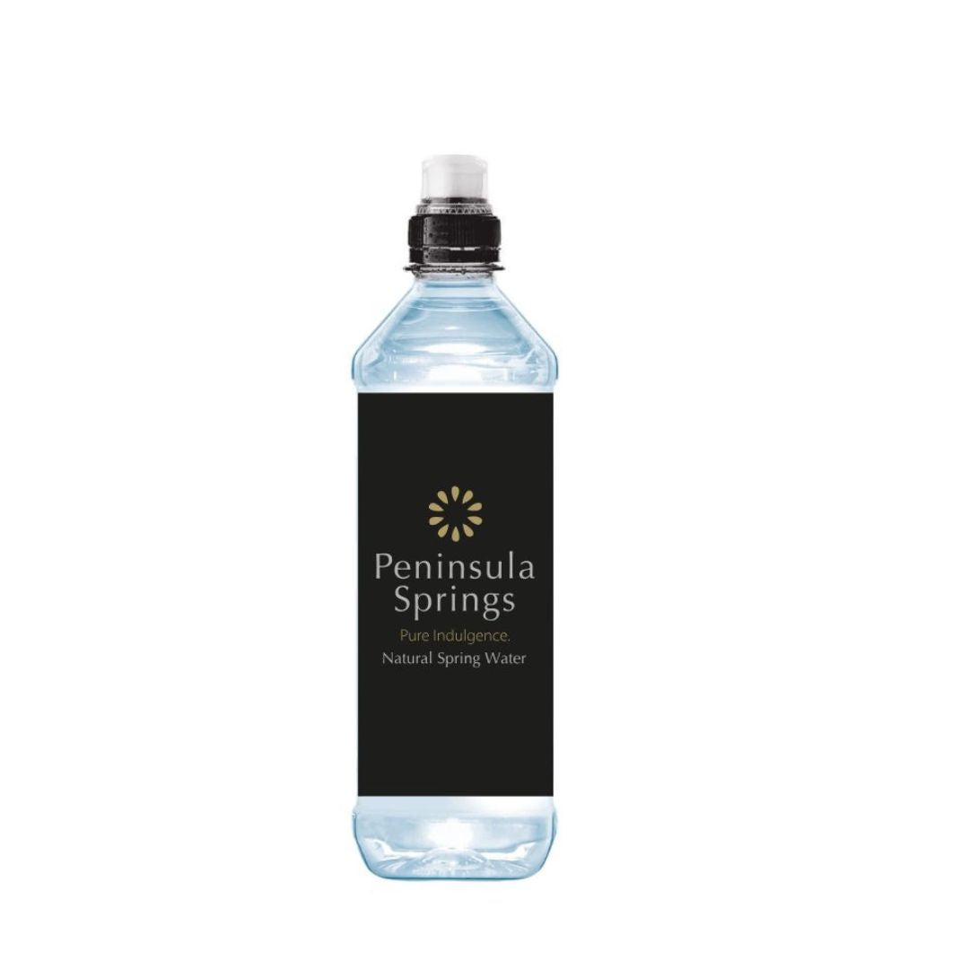 Peninsula Springs pure Australian spring water 600mL pop-top bottle on white background