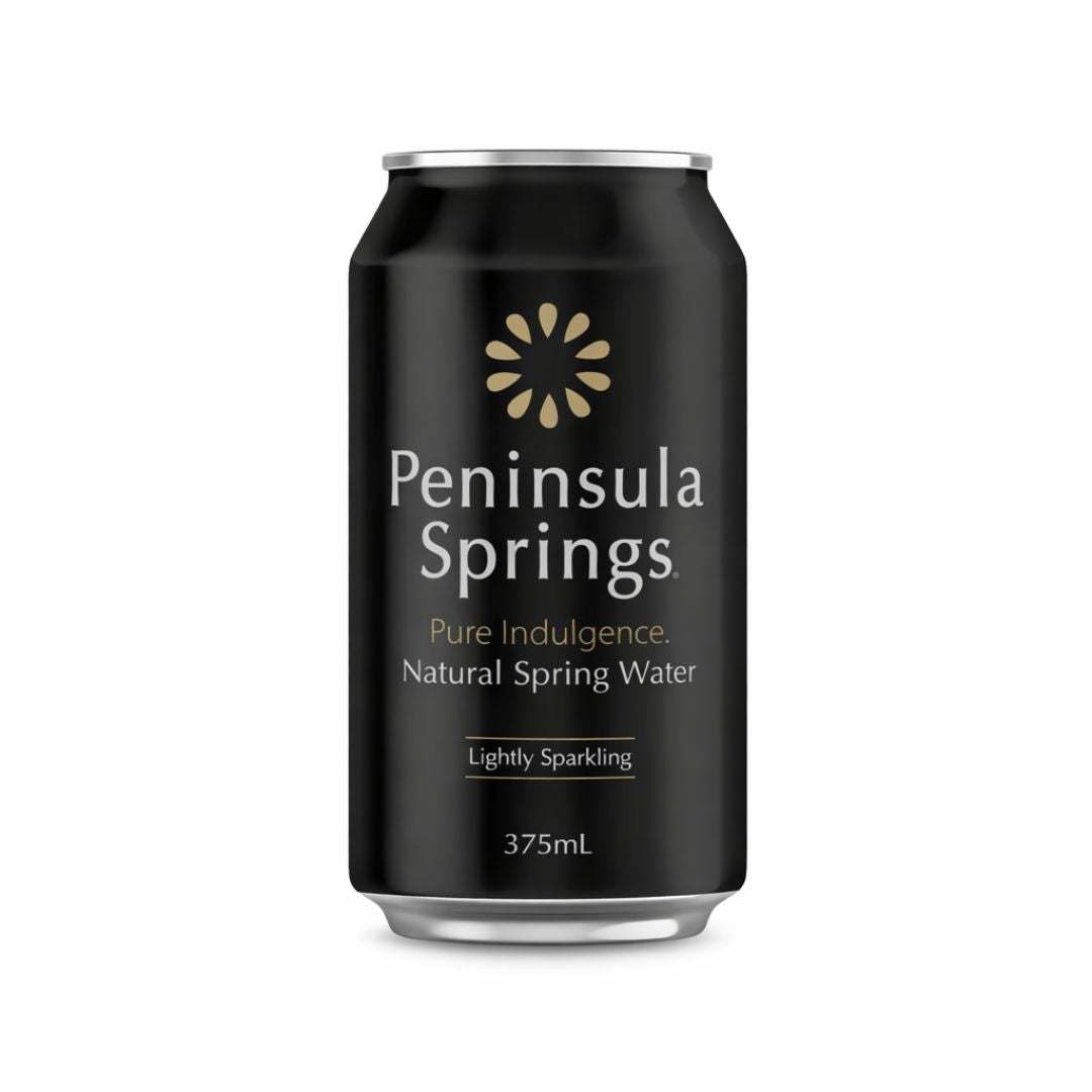 Peninsula Springs lightly sparkling natural spring water 375mL aluminium can on white background