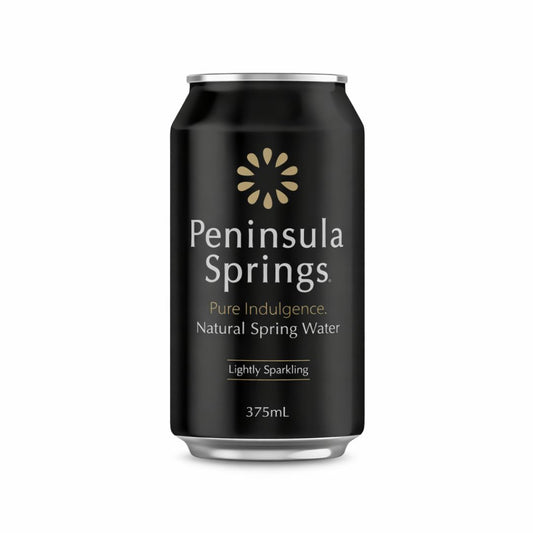 Peninsula Springs lightly sparkling natural spring water 375mL aluminium can on white background