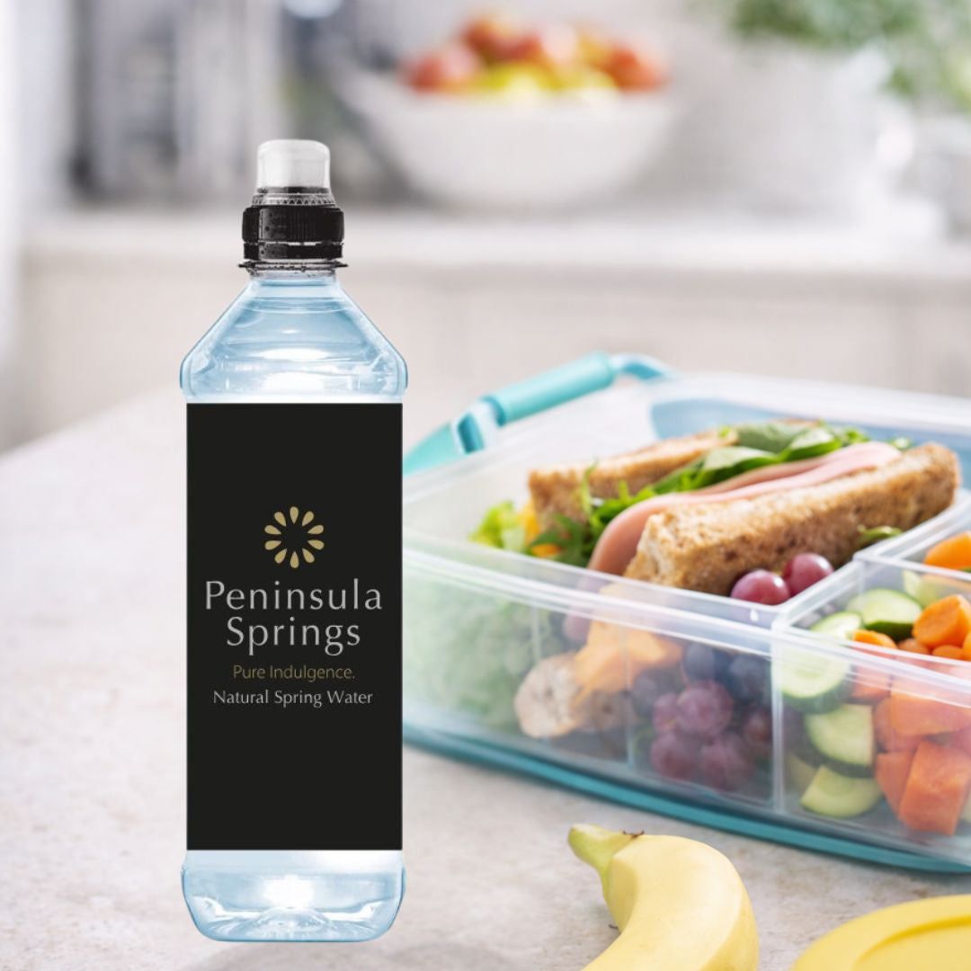 Peninsula Springs 600mL pop-top spring water bottle with lunchbox for everyday family hydration