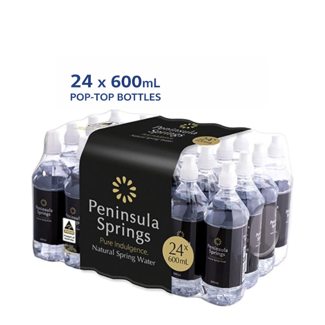 Peninsula Springs 24 pack of 600mL pop-top spring water bottles with carton packaging