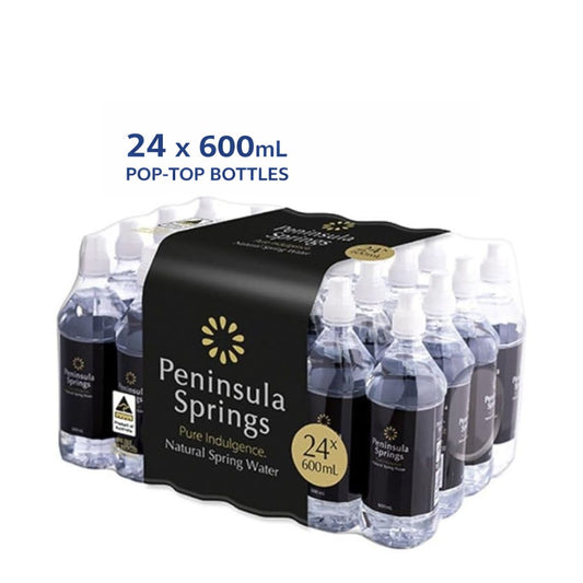 Peninsula Springs 24 pack of 600mL pop-top spring water bottles with carton packaging