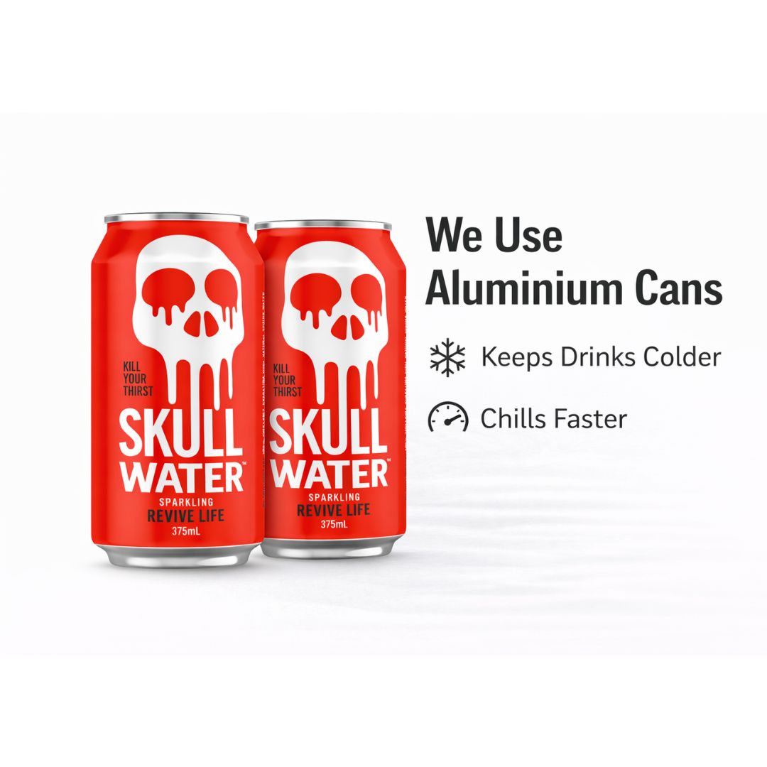 Skull Water sparkling spring water in recyclable aluminium cans designed to chill fast