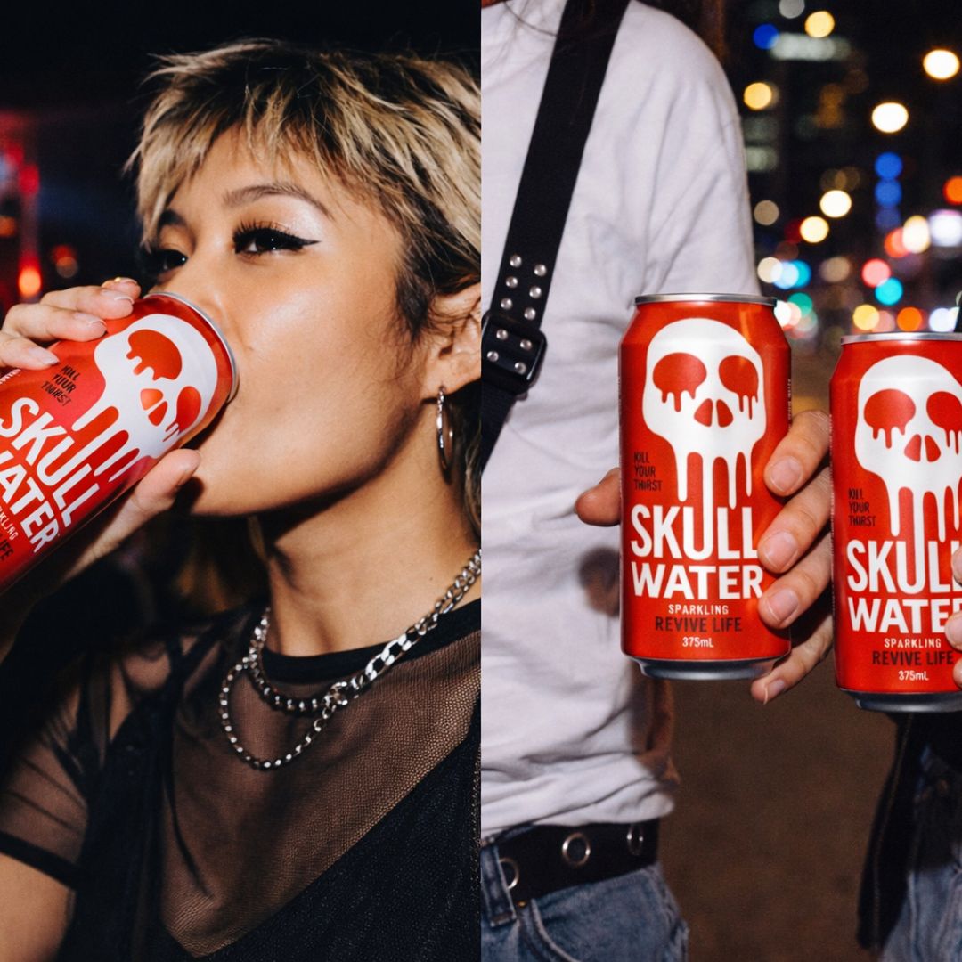 Skull Water sparkling natural spring water cans enjoyed in an energetic urban lifestyle setting