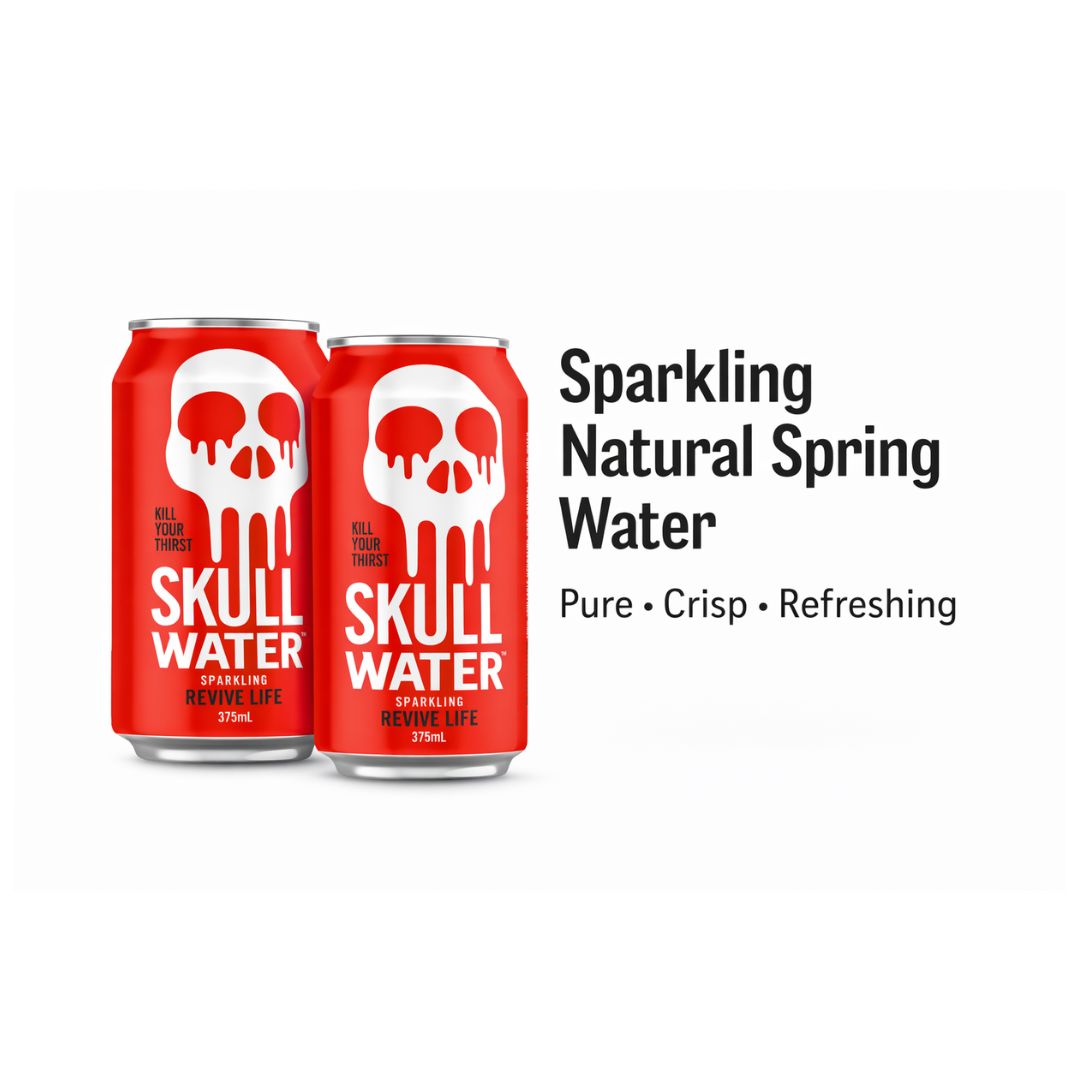 Skull Water sparkling natural spring water featuring crisp carbonation in 375mL cans
