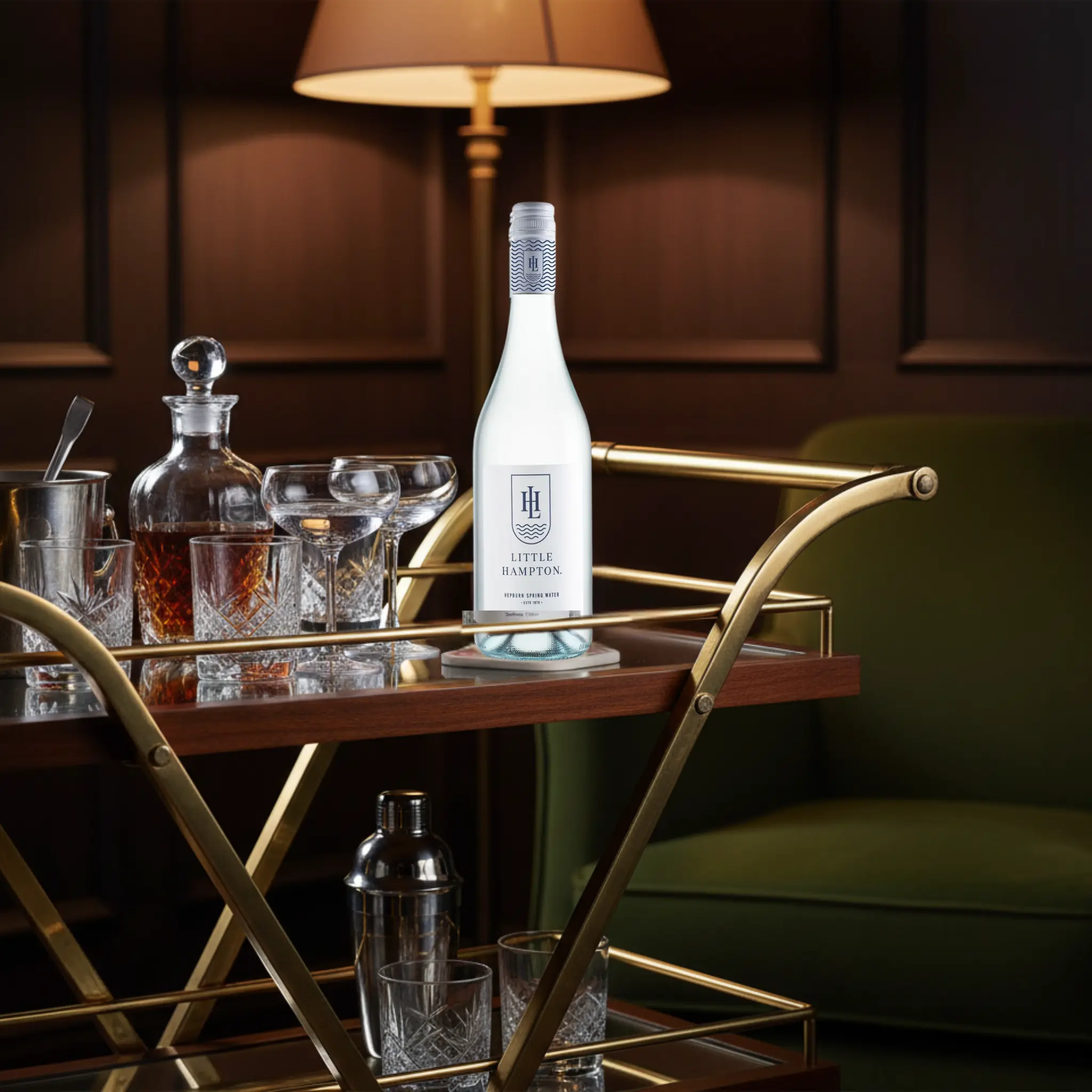 Little Hampton Sparkling Water 750ml on vintage luxury bar cart cocktail hour