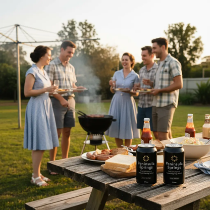 Peninsula Springs Sparkling Water 375ml cans at casual 1950s Australian backyard BBQ party