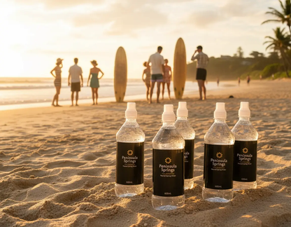 Peninsula Springs Still Water 600ml pop top bottles at Australian beach with surfers