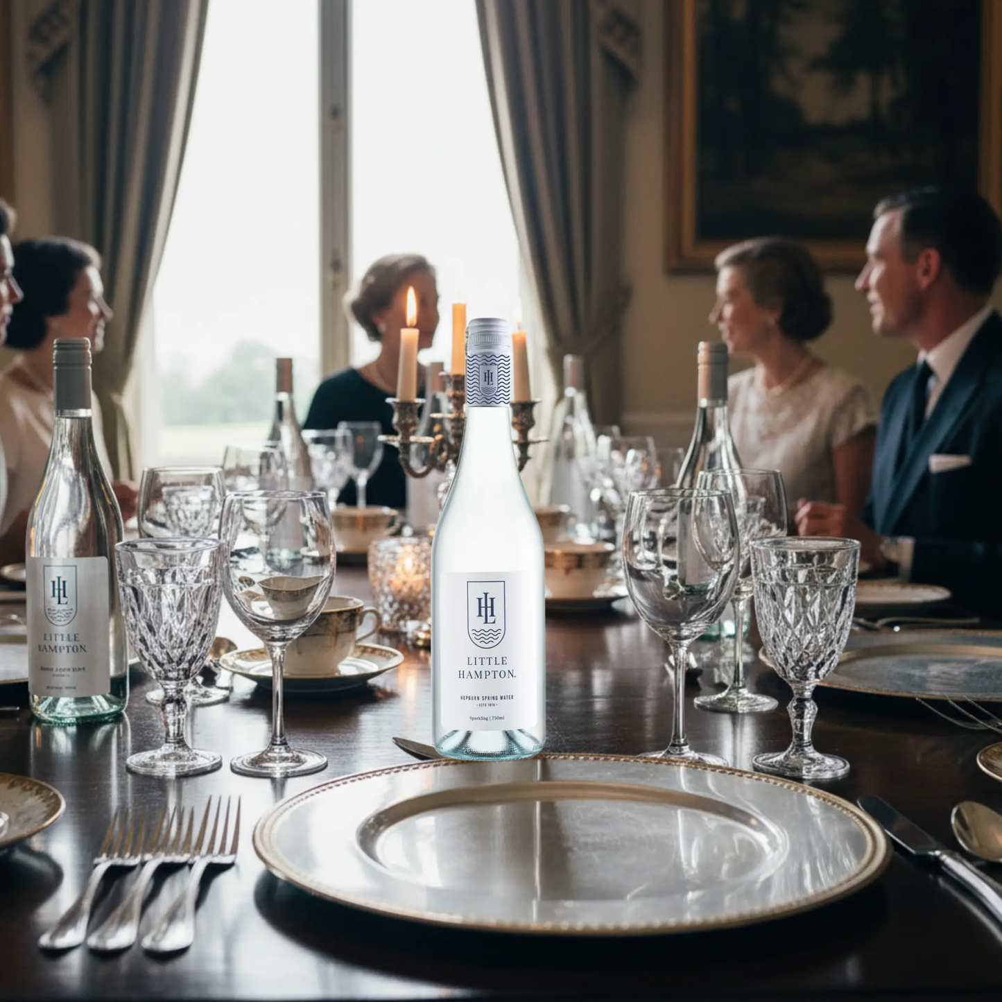 Little Hampton Sparkling Water 750ml at formal dining room table with elegant guests