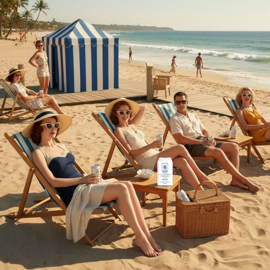 Little Hampton Sparkling Water 375ml cans at sophisticated 1950s beach scene with vintage beachgoers