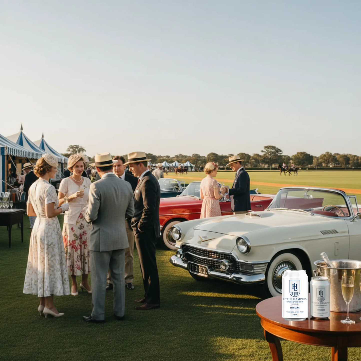 Little Hampton Sparkling Water 375ml cans at exclusive polo match with elegant spectators