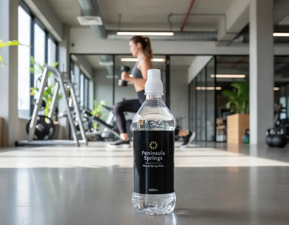 Peninsula Springs Still Water 600ml pop top bottle at modern gym fitness center
