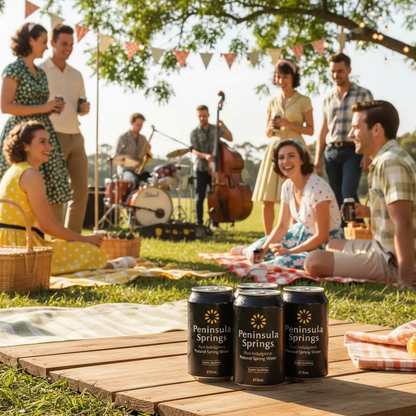 Peninsula Springs Sparkling Water 375ml cans at 1950s outdoor concert festival