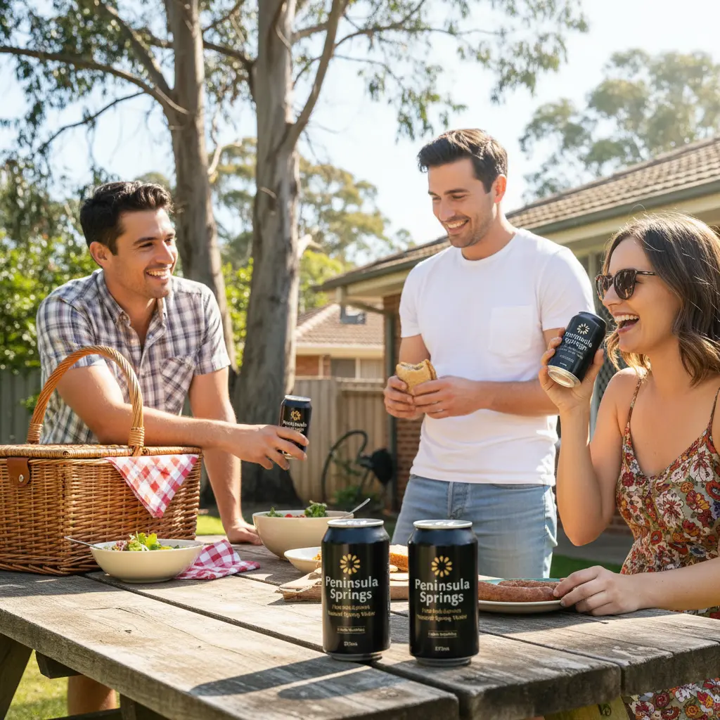 Peninsula Springs Sparkling Water 375ml cans at casual vintage outdoor lunch with friends