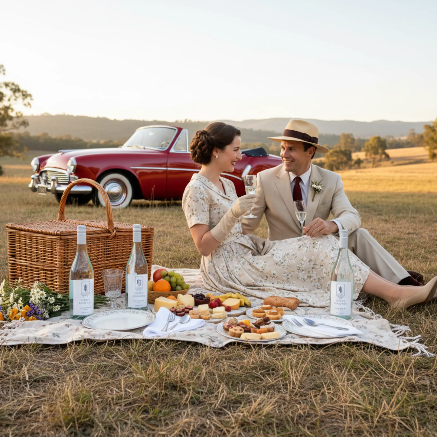Little Hampton Sparkling Water 750ml at elegant vintage picnic with classic car