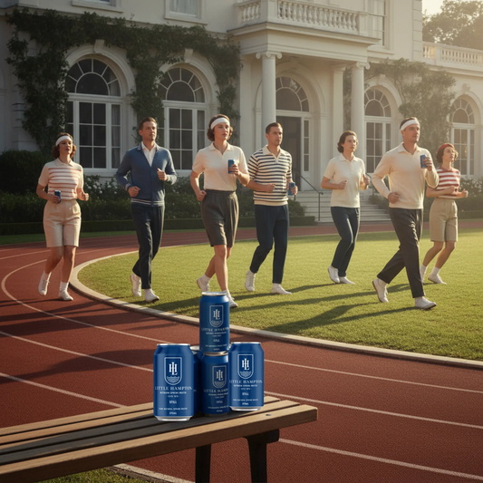 Little Hampton Still Water 375ml cans at vintage athletic club with well-dressed joggers