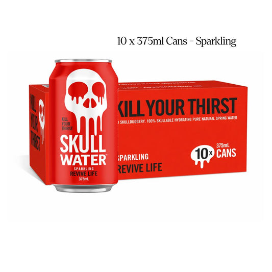Skull Water sparkling spring water 10 pack of 375mL aluminium cans with carton packaging