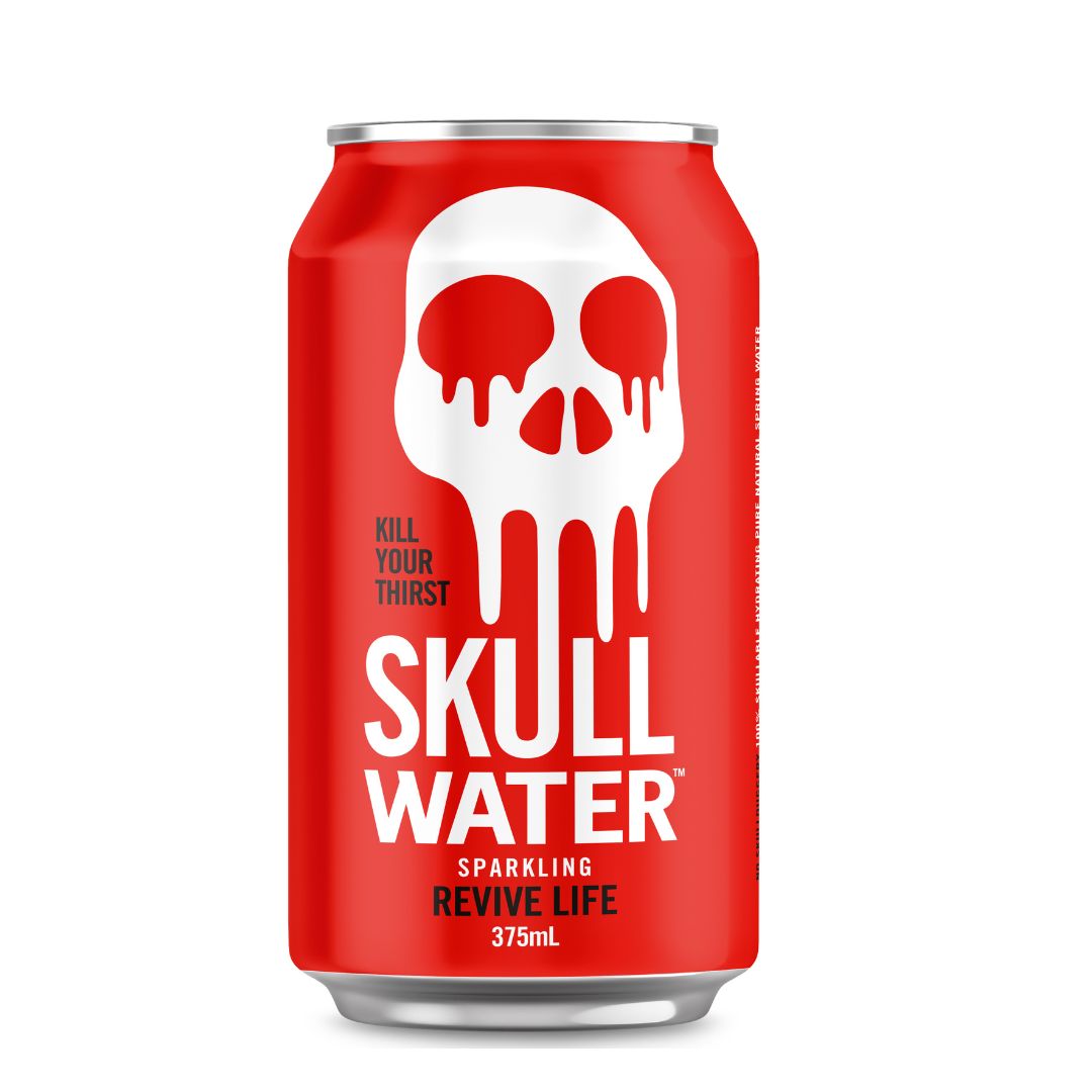 Skull Water sparkling natural spring water 375mL aluminium can on white background